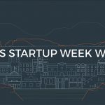 Event title 'STARTUP WEEK W' above a city skyline, showcasing innovation and entrepreneurship for CASA advocacy programs.