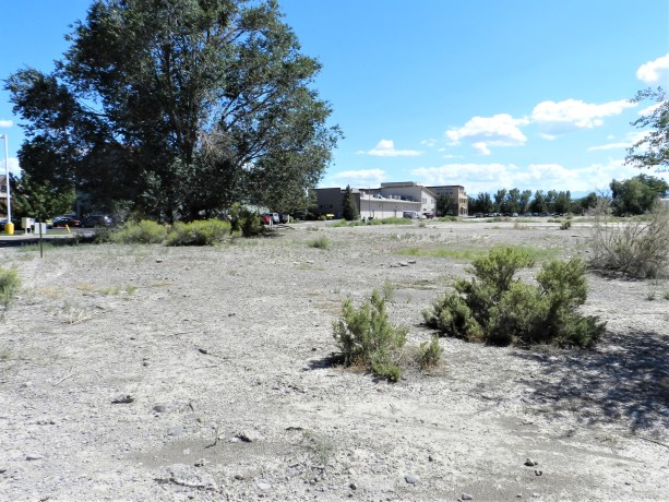Commercial land lots for sale at TBD Lot 7 & 8 Hawk Parkway, Montrose, featuring a clear view of the undeveloped area with sparse vegetation and nearby buildings in the background, emphasizing the prime location for investment in a busy commercial corridor.