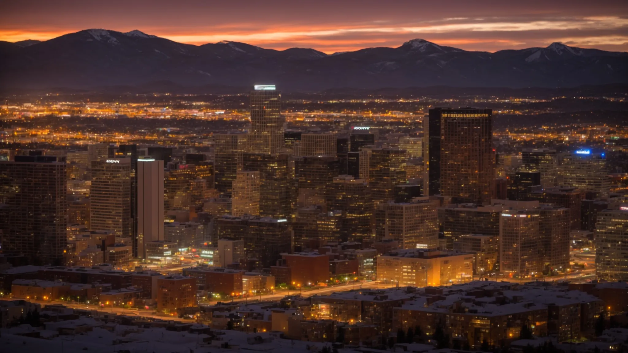 a bustling colorado skyline at sunset showcases modern commercial buildings, reflecting the vibrant economic growth and increasing demand for real estate within the thriving metropolis. Bustling Colorado skyline at sunset with illuminated buildings and distant mountains, reflecting the state's vibrant commercial real estate market and economic growth.