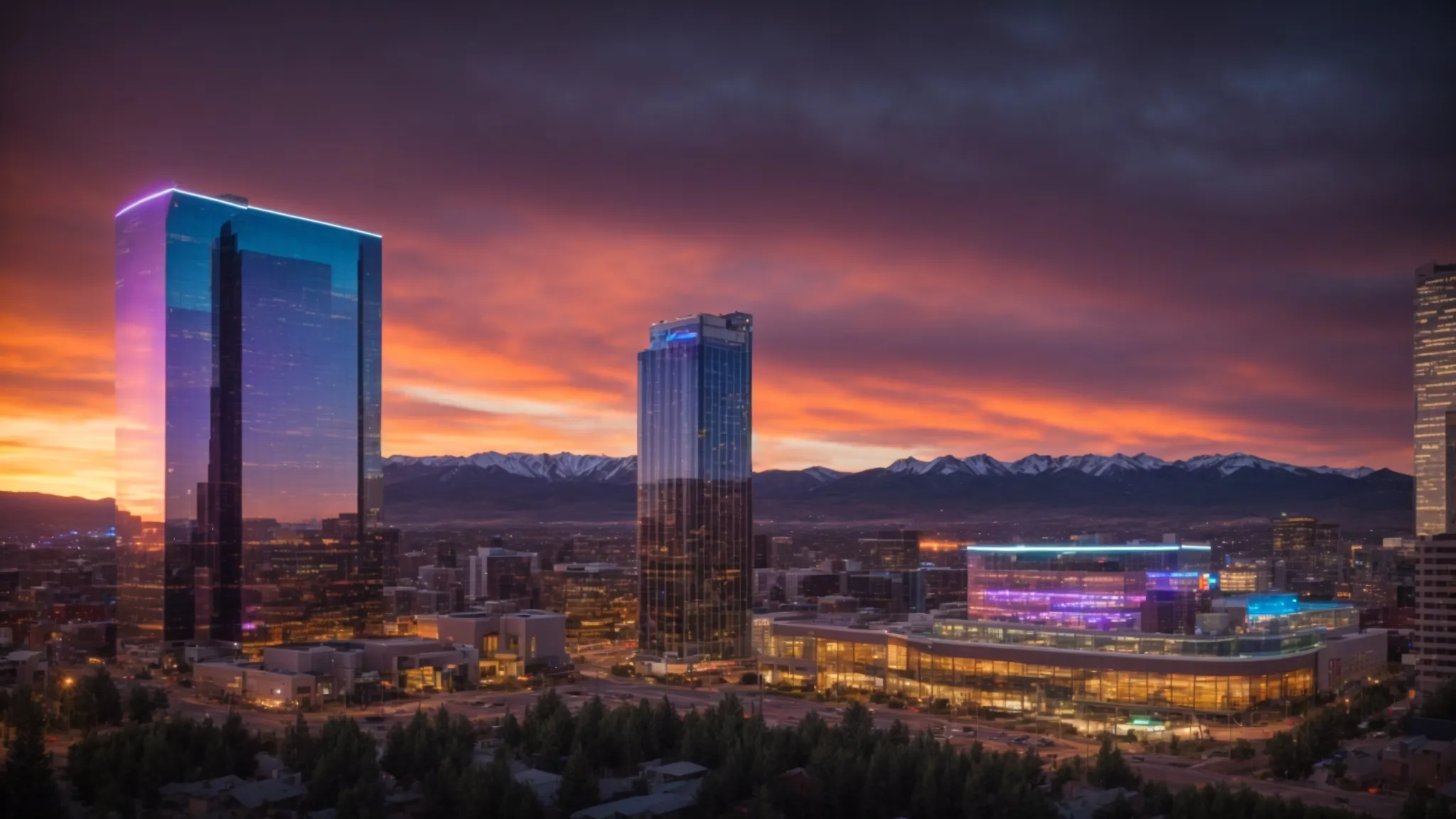 a futuristic skyline of colorado's commercial buildings showcases advanced technology integration, highlighted by smart structures and digital screens, under a vibrant sunset that symbolizes the evolution of real estate trends. Futuristic skyline of Colorado's commercial real estate featuring illuminated skyscrapers against a vibrant sunset, highlighting sustainable development and urban growth.