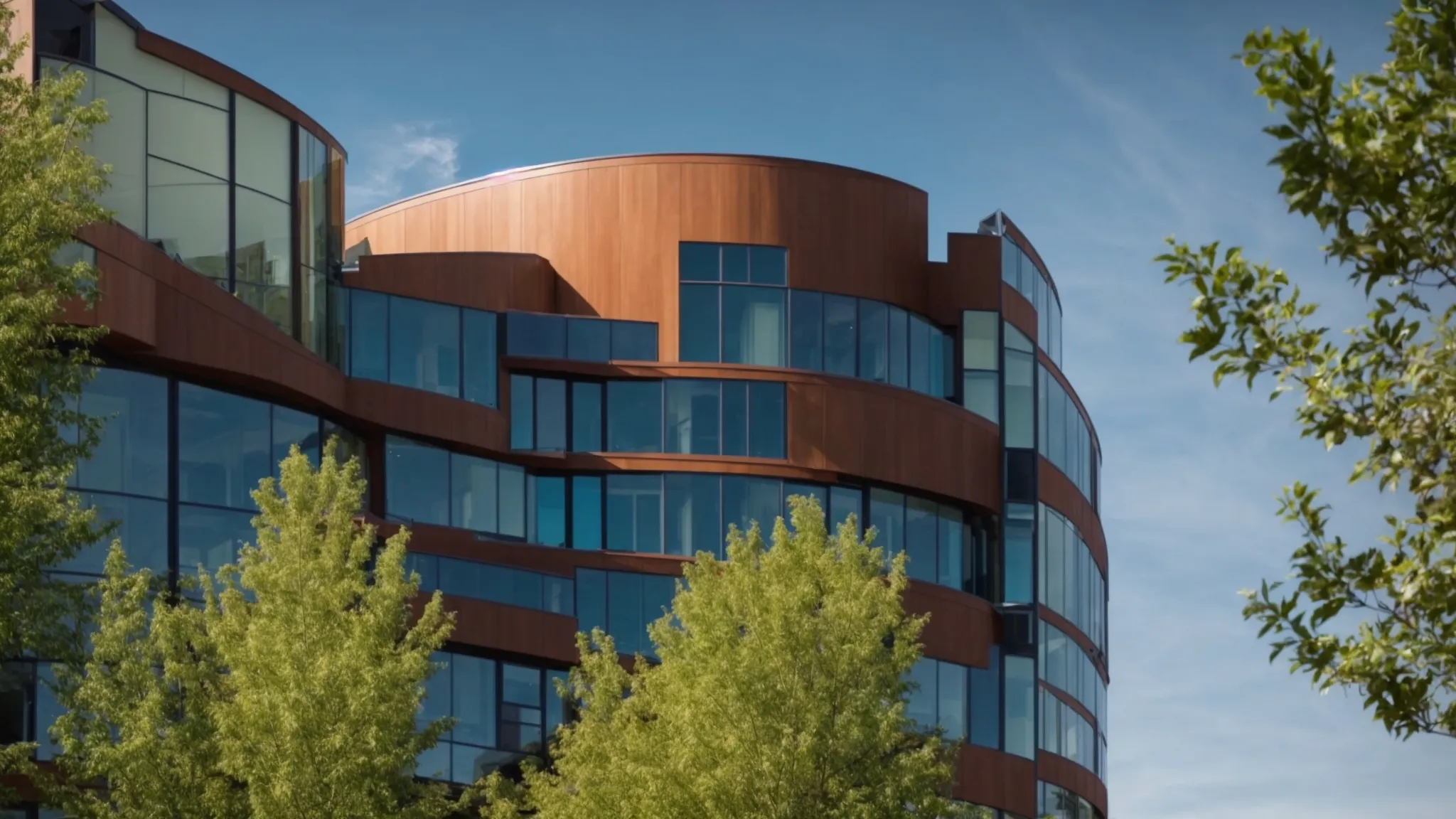 a modern colorado commercial building, showcasing vibrant green foliage integrated into its sleek, sustainable architecture under a clear blue sky, embodies the essence of energy efficiency and environmental commitment in real estate. Modern commercial building in Colorado with curved architecture, large glass windows, and surrounding greenery, reflecting trends in sustainable design and investment in real estate.