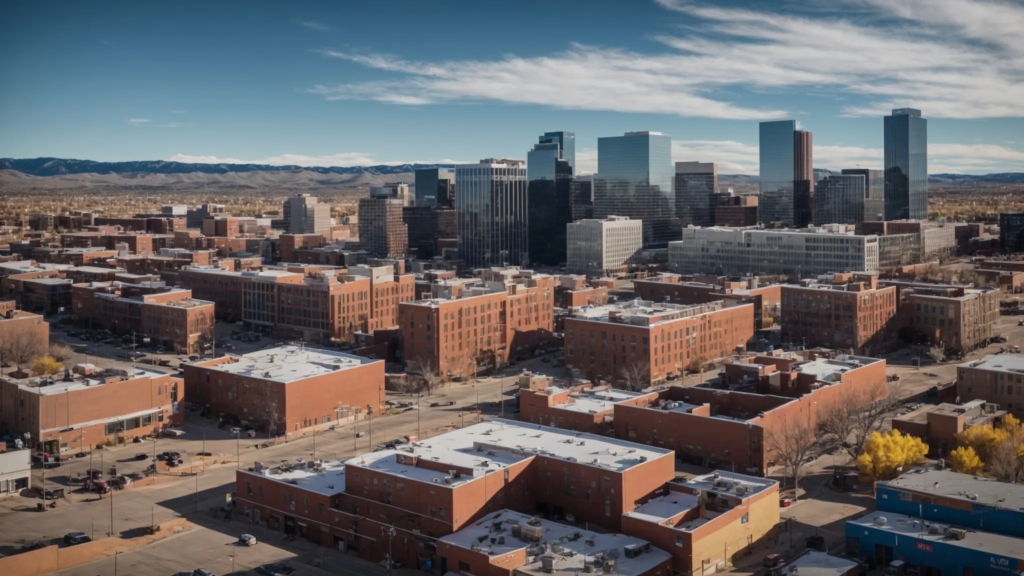 a panoramic view of a bustling colorado city skyline, showcasing a diverse array of modern commercial properties alongside adaptive reuse buildings, under a bright blue sky, symbolizing the dynamic evolution of real estate influenced by remote work and e-commerce trends. Panoramic view of a bustling Colorado cityscape, featuring a mix of modern skyscrapers and historic brick buildings, illustrating urban development and real estate potential in the region.