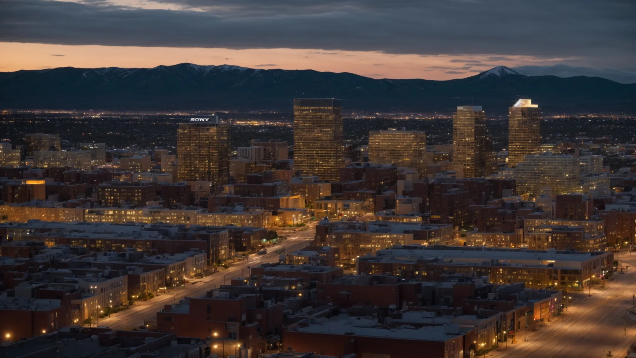a panoramic view of a bustling colorado city skyline at dusk, showcasing modern commercial buildings with illuminated facades, synchronized to convey the dynamic evolution of the real estate landscape influenced by technology and demographic shifts. Panoramic view of a bustling Colorado cityscape at dusk, featuring illuminated commercial buildings and the Rocky Mountains in the background, highlighting the region's evolving real estate landscape.