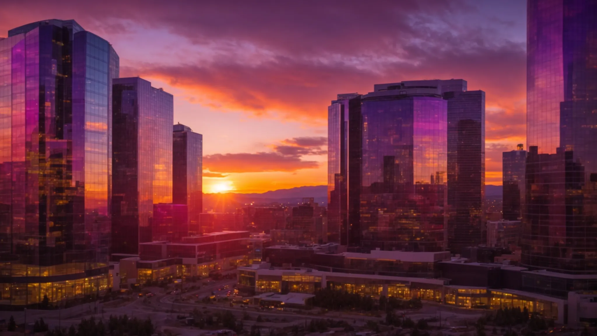 a panoramic view of a bustling colorado skyline at sunset, highlighting modern commercial buildings with reflective glass facades, symbolizing the evolving landscape of real estate financing amidst vibrant hues of orange and purple in the sky. Panoramic view of a vibrant Colorado skyline at sunset, showcasing modern glass buildings reflecting hues of orange and purple, symbolizing the growth and demand in the state's commercial real estate market.