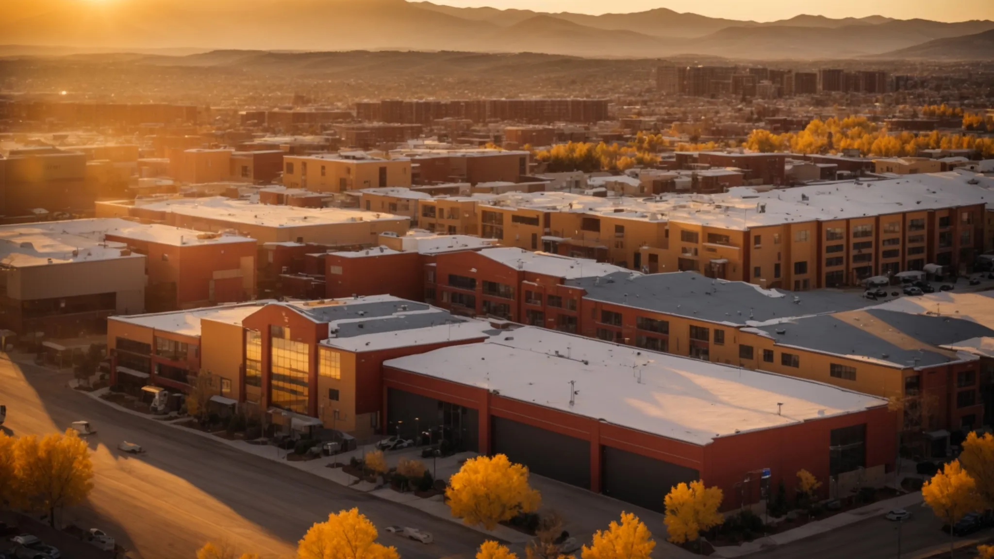a panoramic view of the colorado skyline, showcasing a diverse array of modern retail spaces, industrial warehouses, and multi-family residential buildings, all bathed in the warm glow of a golden sunset, highlighting the dynamic real estate investment landscape. a panoramic view of the colorado skyline, showcasing a diverse array of modern retail spaces, industrial warehouses, and multi-family residential buildings, all bathed in the warm glow of a golden sunset, highlighting the dynamic real estate investment landscape.