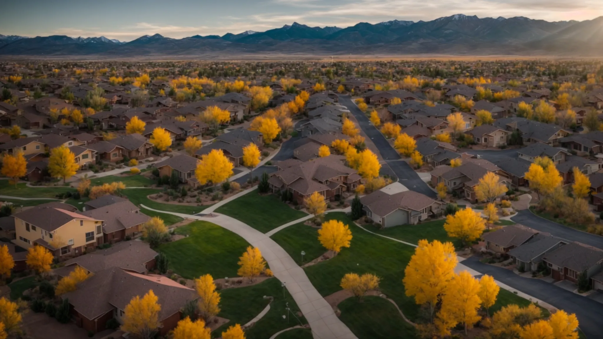 a vibrant aerial view of a thriving colorado neighborhood, showcasing modern homes and well-developed infrastructure set against the backdrop of the rocky mountains, highlighting the area's potential for real estate growth and investment opportunities. a vibrant aerial view of a thriving colorado neighborhood, showcasing modern homes and well-developed infrastructure set against the backdrop of the rocky mountains, highlighting the area's potential for real estate growth and investment opportunities.