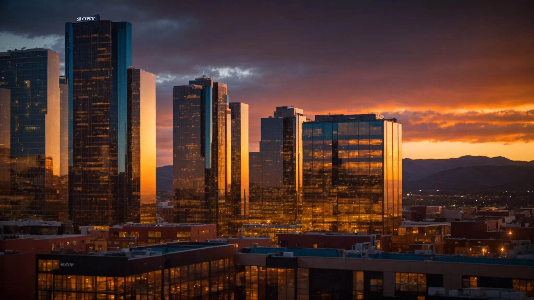 Vibrant skyline of modern commercial buildings in Colorado at sunset, reflecting economic growth and real estate trends.
