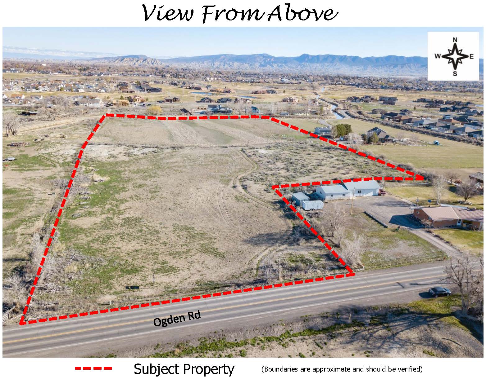 Aerial view of a 10.802-acre residential land parcel on Ogden Rd, Montrose, Colorado, outlined in red, showcasing development potential and surrounding area.