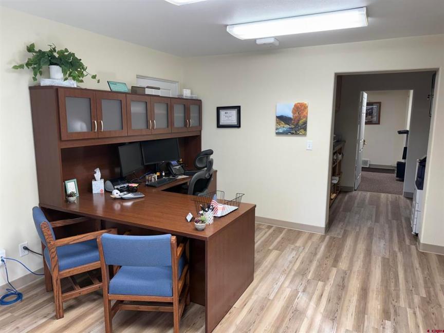 Office interior featuring a wooden desk with a computer, two blue chairs, and decorative plants, illustrating a professional workspace for the commercial property at 918 4th Street, Alamosa, Colorado.