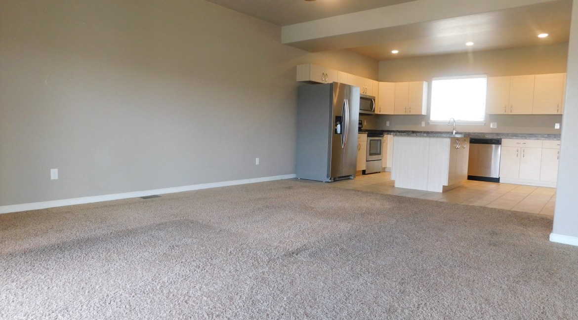 Modern living room and kitchen area in a townhome at 1534 Poplar Drive, featuring open-concept design, carpeted flooring, stainless steel appliances, and natural light from a window.